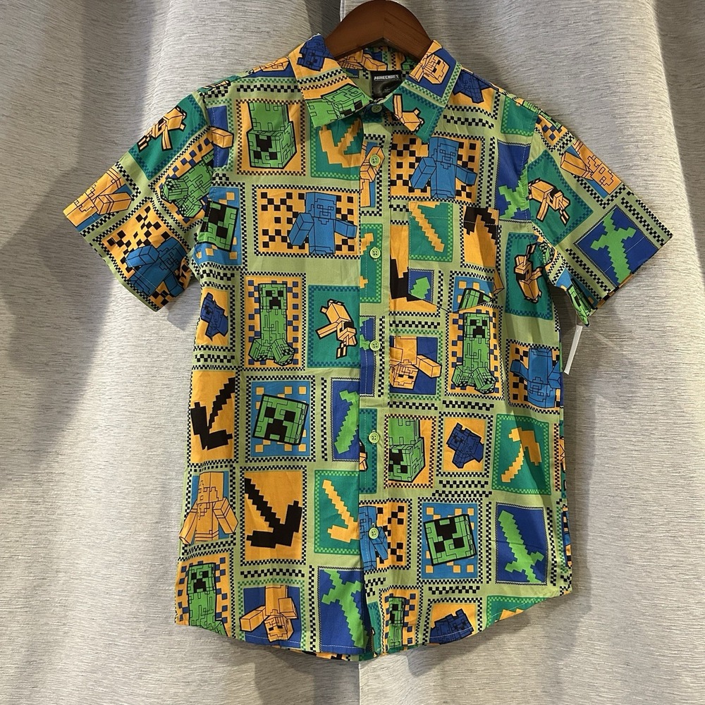 Minecraft All Over Print‎ Short Sleeve Button Up Shirt Large Boys NWT
